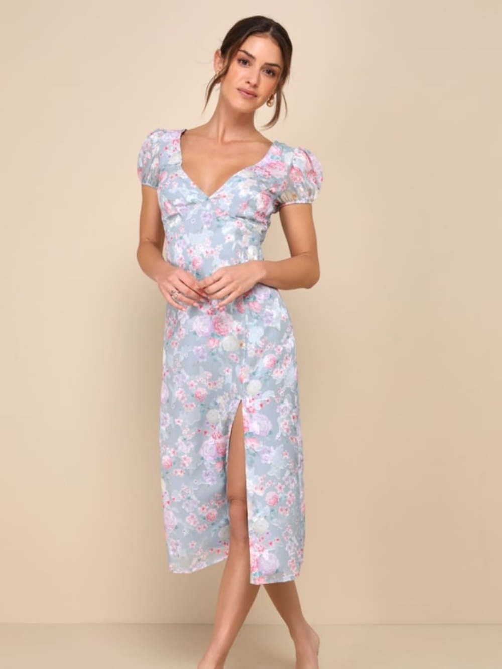Lulus Elegant Personality Slate Blue Floral Burnout Midi Dress - Size L